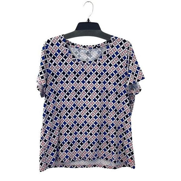 T by Talbots Womens Geometric Short Sleeve Stretch T-Shirt Blue Pink Size 2XP‎ - Picture 1 of 7